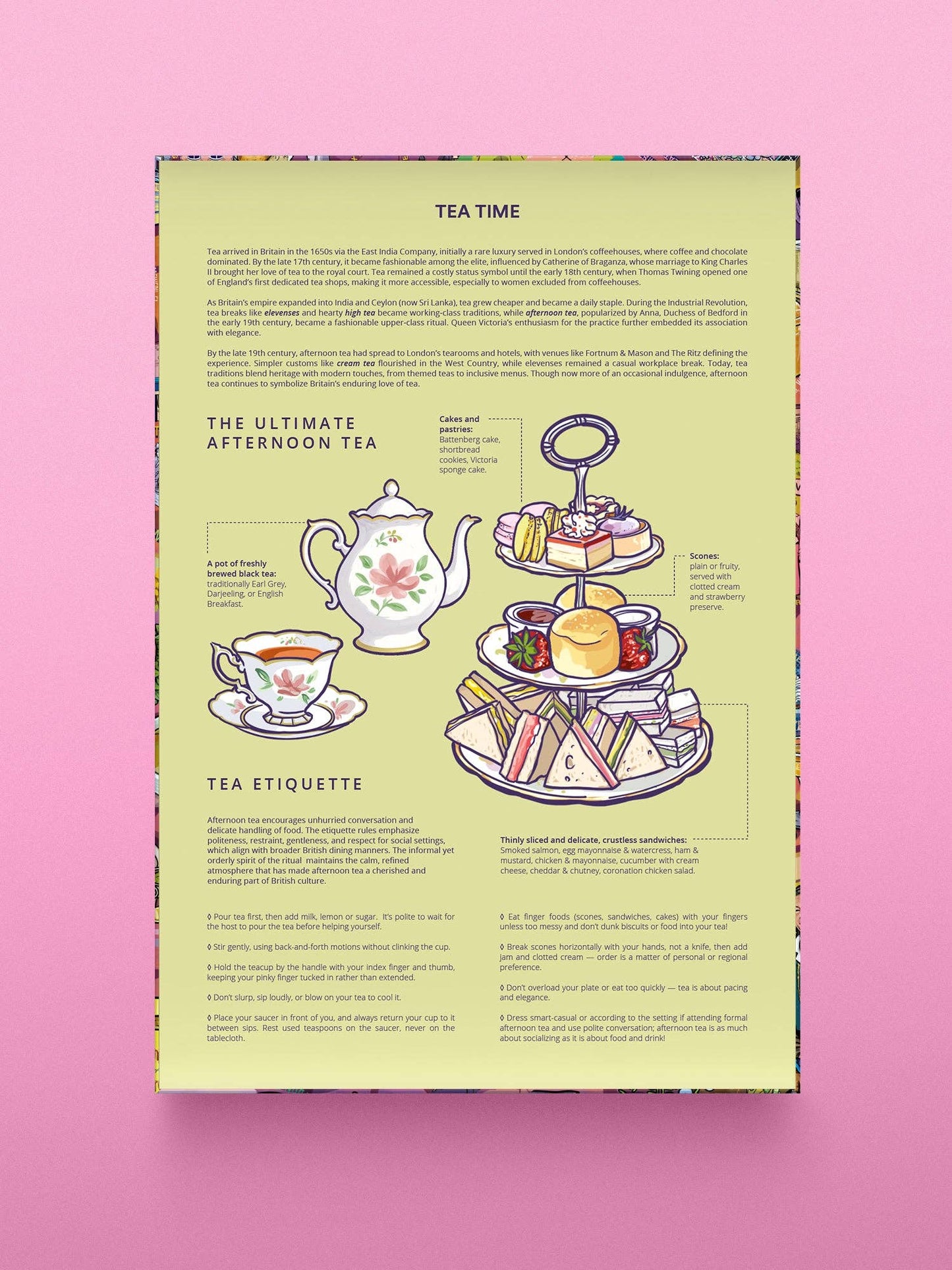 Das Water & Wines - Gourmet-Puzzle - London von Water & Wines zeigt ein rosafarbenes Poster mit Aquarellmalerei, das die britische Nachmittagstee-Etikette und -Geschichte beschreibt - ein Genuss für Feinschmecker und die perfekte Ergänzung für jede Puzzlesammlung.