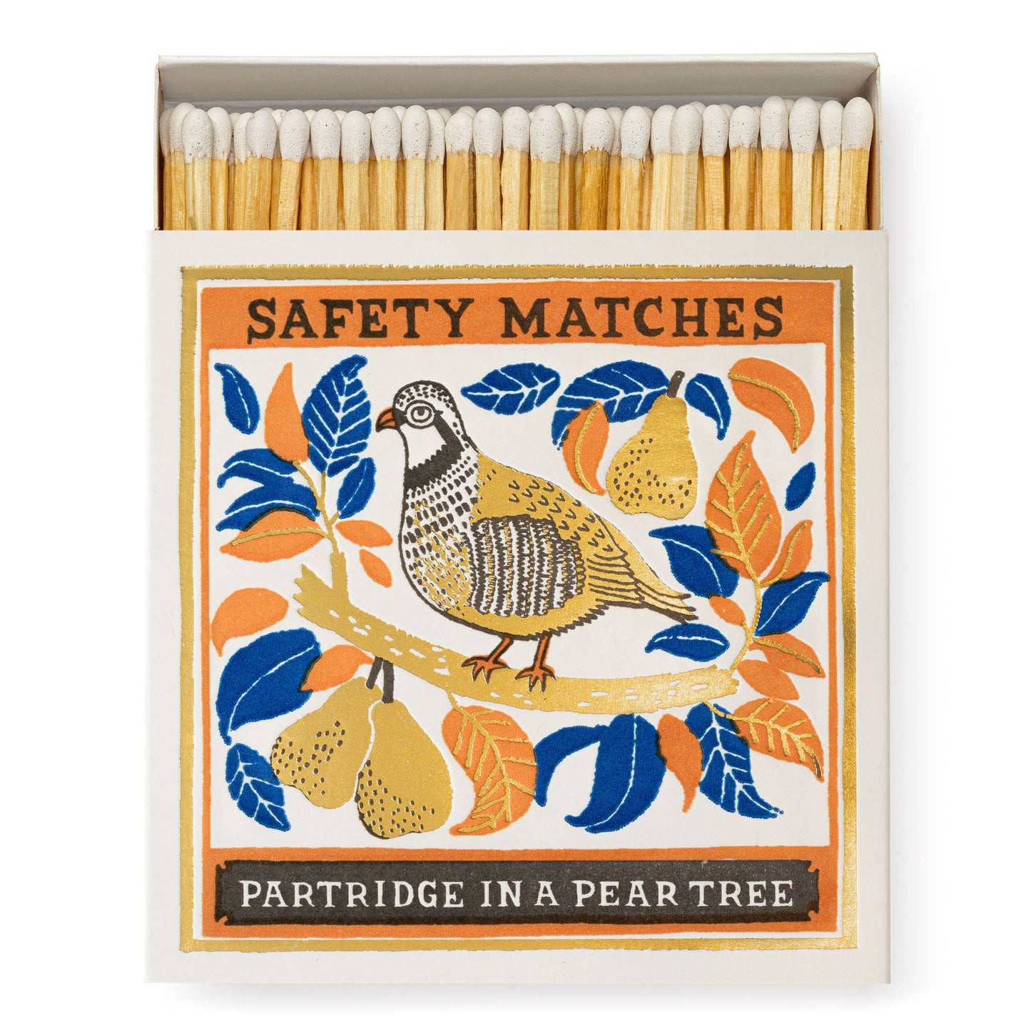 The Archivist Gallery | Rebhuhn Platz quadratische Weihnachtssicherheitsstreichhölzer zeigen ein Rebhuhn im Birnbaum, umgeben von blauen und orangen Blättern sowie gelben Birnen, mit dem Text "SAFETY MATCHES" und "PARTRIDGE IN A PEAR TREE".