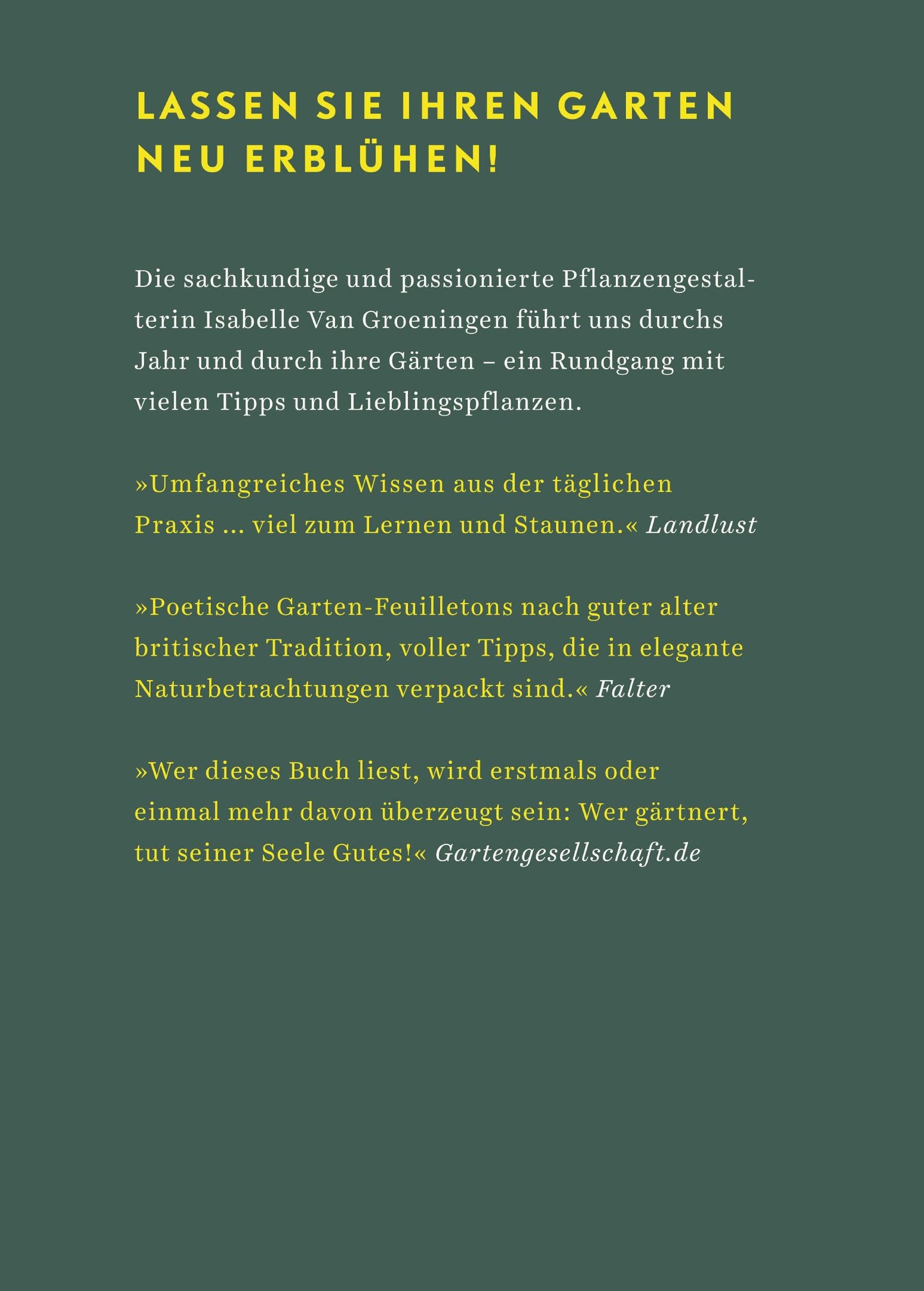 Ein deutschsprachiges Werbeplakat für „Die Sieben Jahreszeiten“ vom Insel Verlag mit gelb-weißem Text auf grünem Grund, das Gartentipps für jede Jahreszeit gibt und das Fachwissen und den poetischen Stil des Autors lobt.