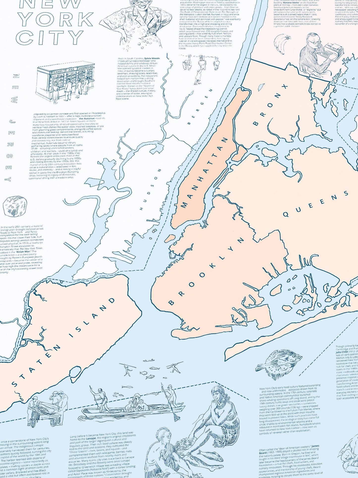 Wasser & Weine - Gourmet-Puzzle - New York: Illustrierte NYC-Karte (Brooklyn, Queens, Bronx, Manhattan, Staten Island) mit Menschen, Tieren, lustigem Randtext und kulinarischen Highlights. Perfekt für Fans von Water & Wines Puzzles.