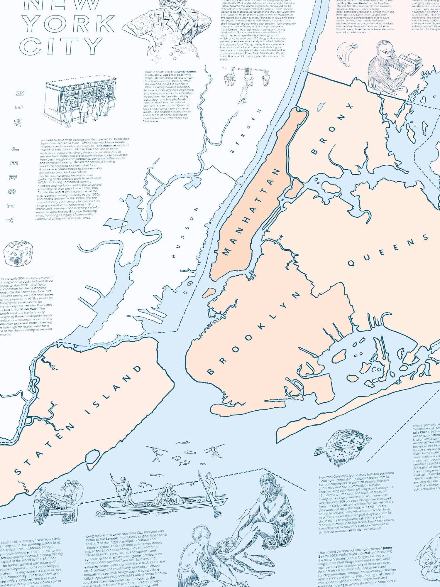 Wasser & Weine - Gourmet-Puzzle - New York: Illustrierte NYC-Karte (Brooklyn, Queens, Bronx, Manhattan, Staten Island) mit Menschen, Tieren, lustigem Randtext und kulinarischen Highlights. Perfekt für Fans von Water & Wines Puzzles.