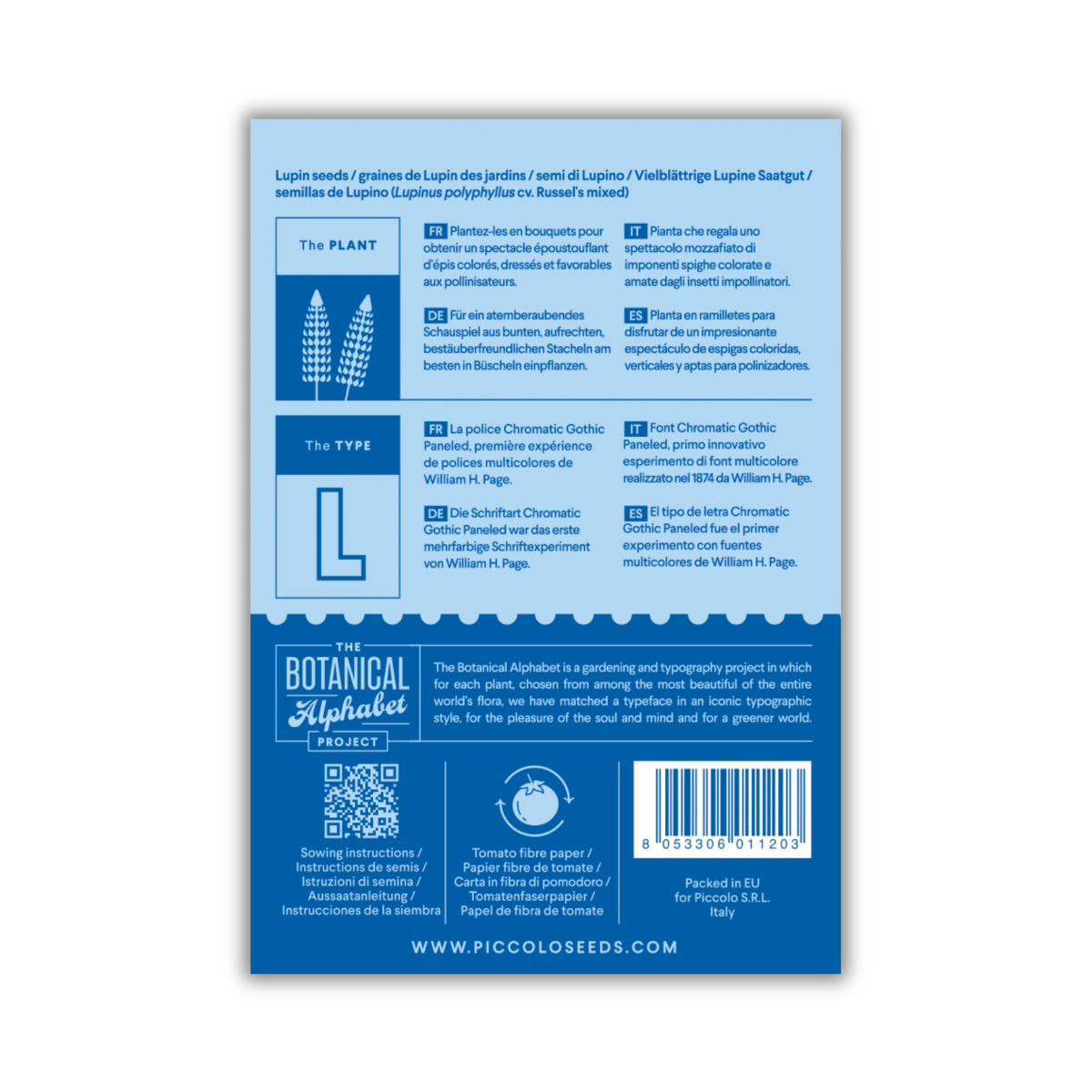 Rückseite der Piccolo Seeds - L - Lupine Packung von Piccolo Seeds mit botanischen Informationen, Pflanzanleitung, Symbolen und Barcode auf blau und weiß. Ideal für farbenfrohe Ähren und bestäuberfreundliche Gärten.