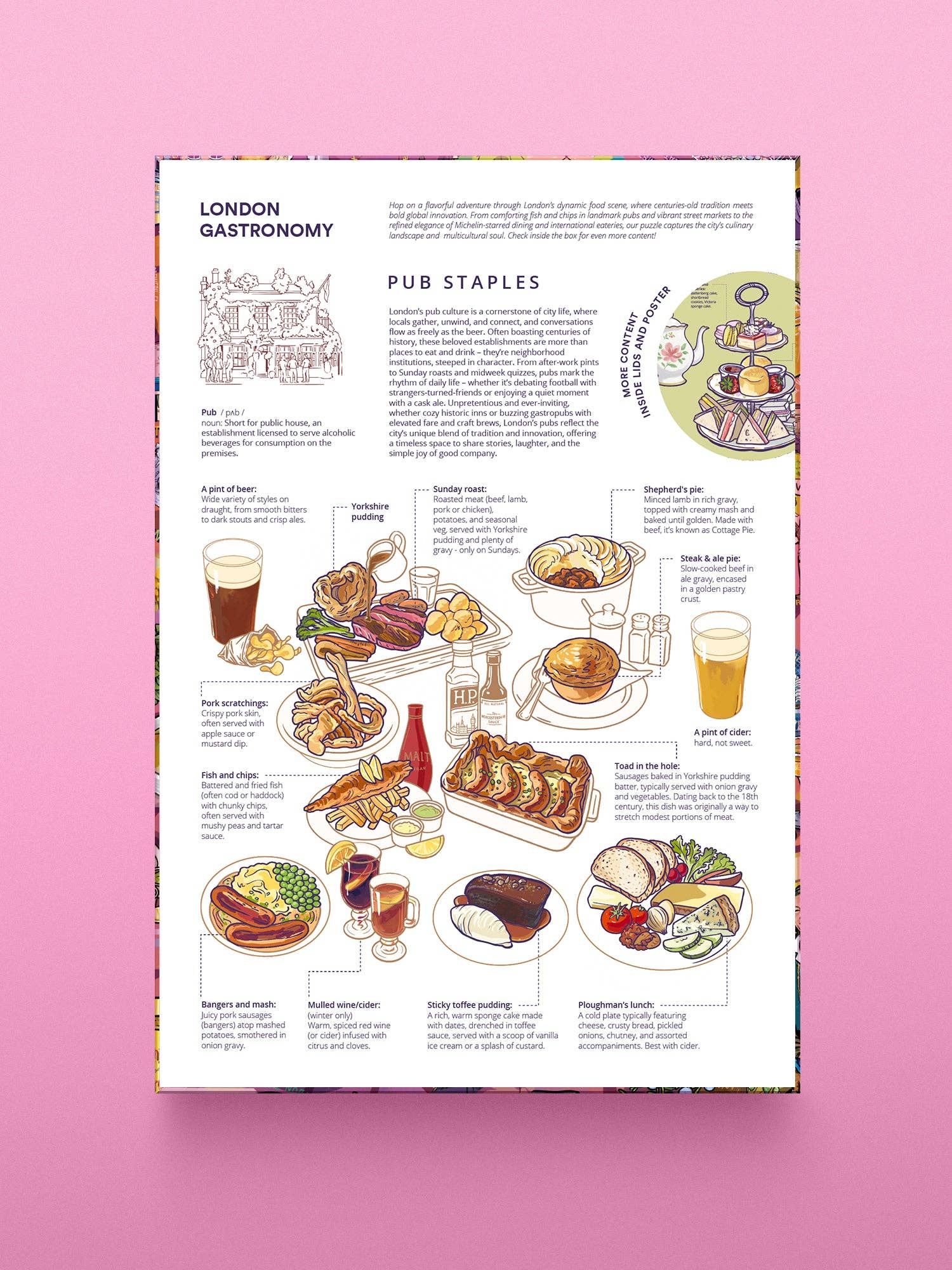 Das Water & Wines Gourmet-Puzzle - London ist ein illustriertes Puzzle mit klassischen britischen Pub-Speisen und -Getränken auf rosafarbenem Hintergrund und damit das ideale Puzzle für Feinschmecker, um Londons kulinarische Sehenswürdigkeiten zu entdecken.
