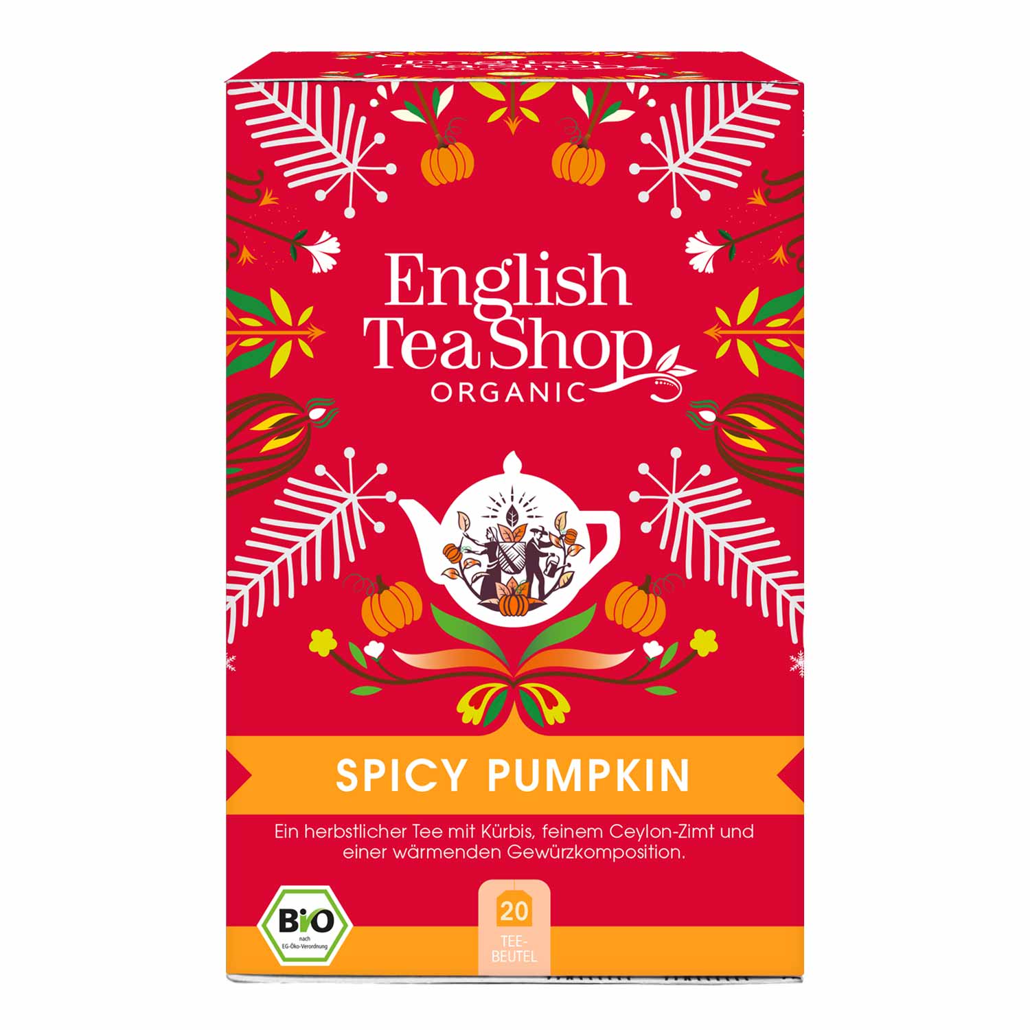 Eine rote Schachtel English Tea Shop Wintertee 'Spicy Pumpkin' BIO mit weißen Blättern und orangen Kürbissen, die 20 Teebeutel enthält. Die Verpackung besteht aus einer weißen Teekanne mit Herbstmotiven. Marke: English Tea Shop.