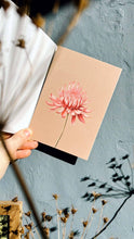Lade das Bild in den Galerie-Viewer, Eine Hand hält die 30x40 - Chrysanthemen Grußkarte Leporello-Karte mit einer rosafarbenen Blumenabbildung auf beigem Recyclingpapier; getrocknete Pflanzen und ihre Schatten erscheinen auf einer strukturierten grauen Wand im Sonnenlicht. Marke: 30x40.
