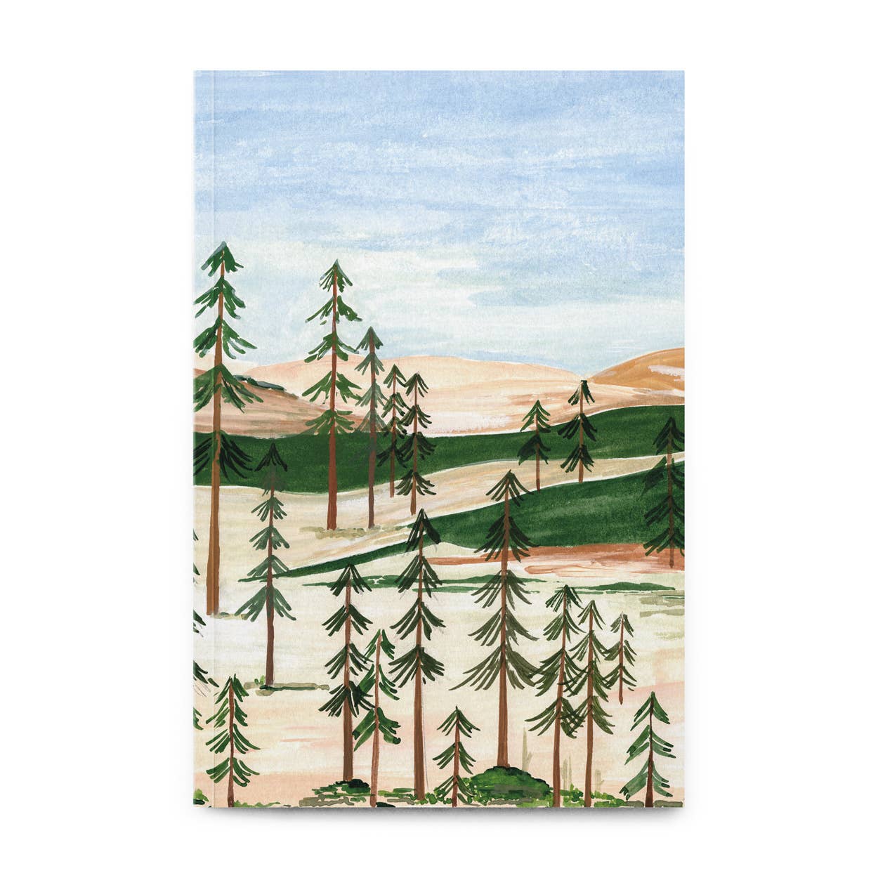 Ein Landschaftsgemälde mit hohen Kiefern, grünen Hügeln und Bergen unter einem blauen Himmel - ideal für das Petit Gramme - Medium Luosto Notizbuch von Petit Gramme, hergestellt aus hochwertigem Fedrigoni-Papier.