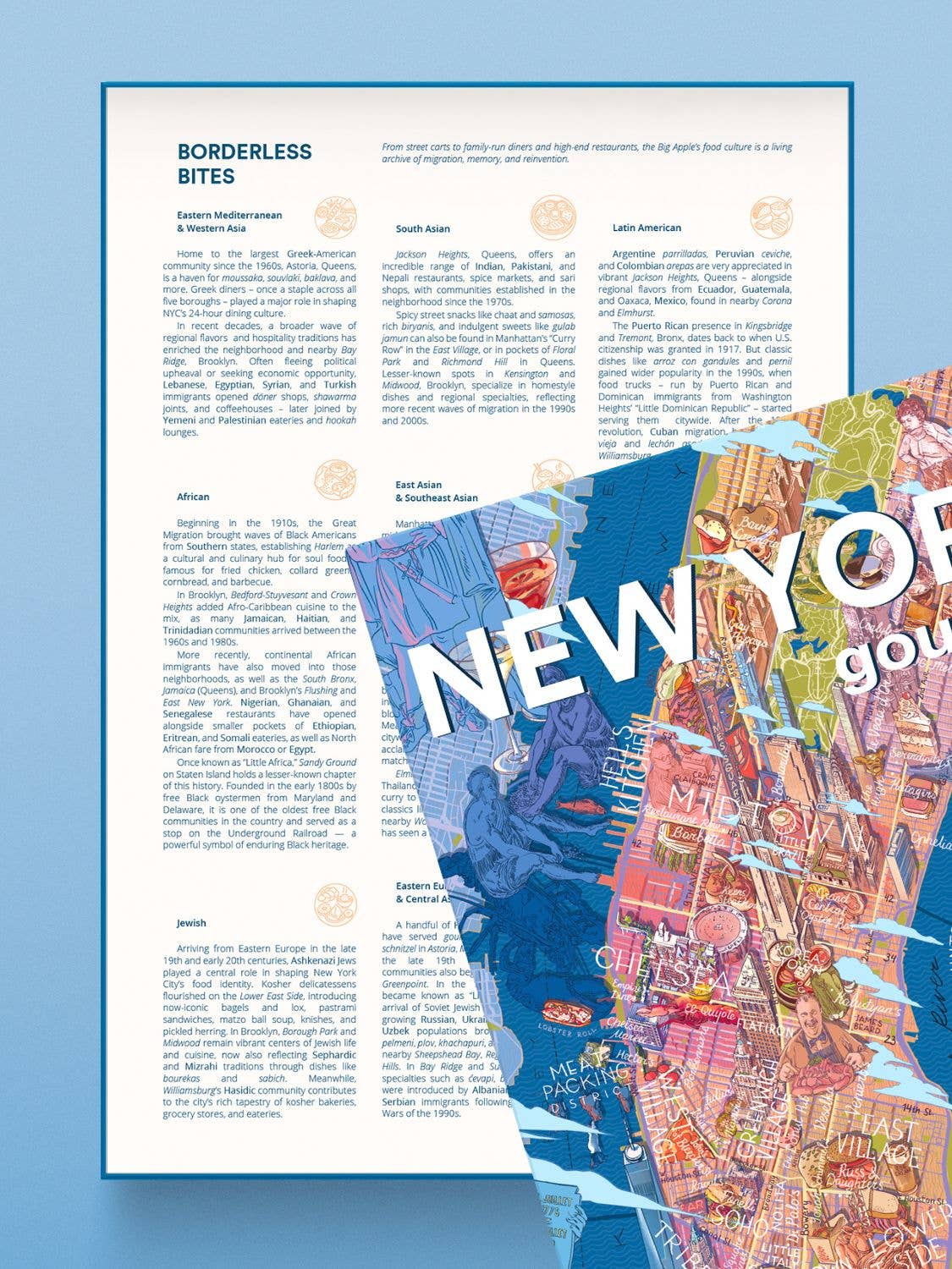 Water & Wines' Gourmet-Puzzle - New York enthält Seiten, auf denen internationale Küchen und das kulinarische Erbe von New York hervorgehoben werden, wie eine illustrierte Karte oder ein New Yorker Gourmet-Puzzle, perfekt für Feinschmecker.