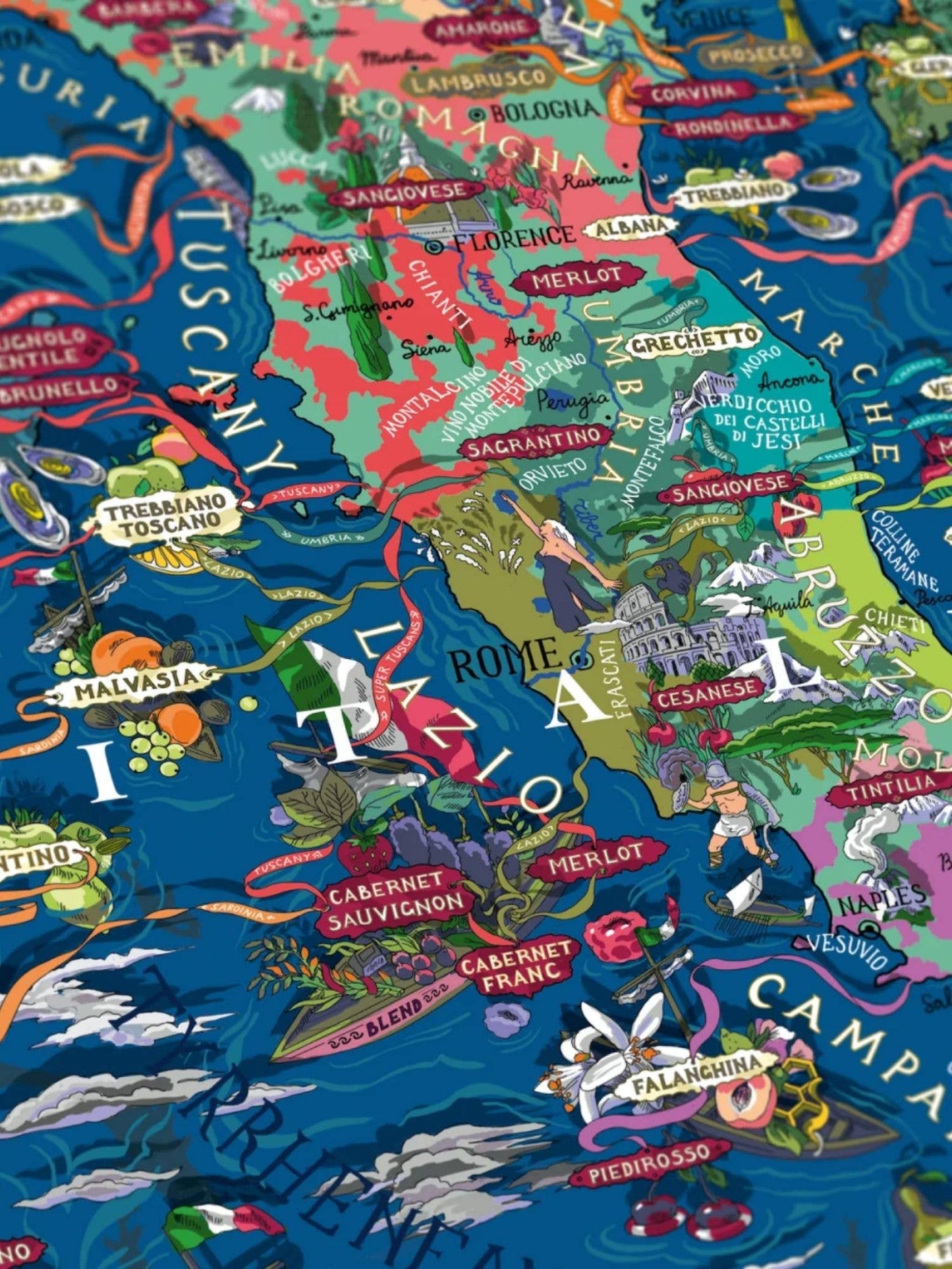 Water & Wines' Wein Puzzle - Italien zeigt eine farbenfrohe, illustrierte Karte von Mittelitalien, auf der Weinregionen, Rebsorten und Städte wie Florenz, Rom und Neapel mit Trauben, Flaschen, Wahrzeichen und malerischen Landschaften abgebildet sind.