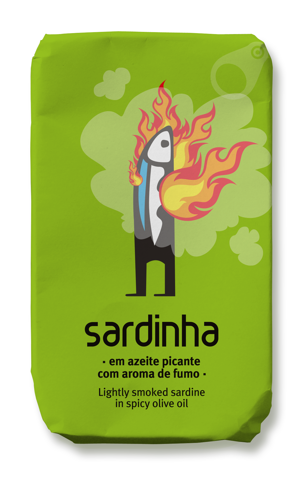 Eine leuchtend grüne Sardinendose zeigt eine illustrierte aufrecht stehende Sardine mit roten und gelben Flammen. Auf dem Etikett steht: Sardinha - Sardine in würzigem Olivenöl mit Raucharoma, von Sardinha, reich an Omega 3.