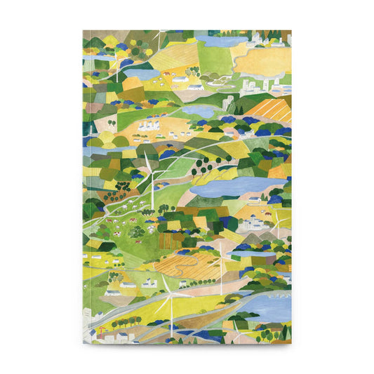 Farbenfrohe abstrakte ländliche Landschaft mit Feldern, kurvenreichen Straßen, Bäumen, Gebäuden, Seen und Windrädern unter einem strahlenden Himmel - ideal für das Petit Gramme - Mittleres Windtagebuch von Petit Gramme.