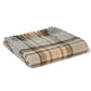 Eine gefaltete Tweedmill | Lammwoll-Tartan-Decke von Tweedmill Textiles mit Fransenkanten und einem klassischen Tartan-Muster in Beige-, Taupe-, Creme- und Brauntönen.