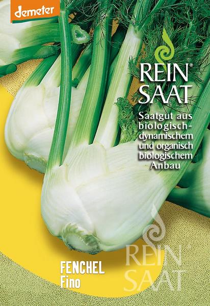 Drei frische Fenchelknollen sind auf einer gelben Fläche abgebildet. Die Verpackung von ReinSaat - Fenchel 'Fino' von Reinsaat ist mit deutschem Text, dem Label 'Frühe Kultur' sowie den Logos von Demeter und Rein Saat versehen.