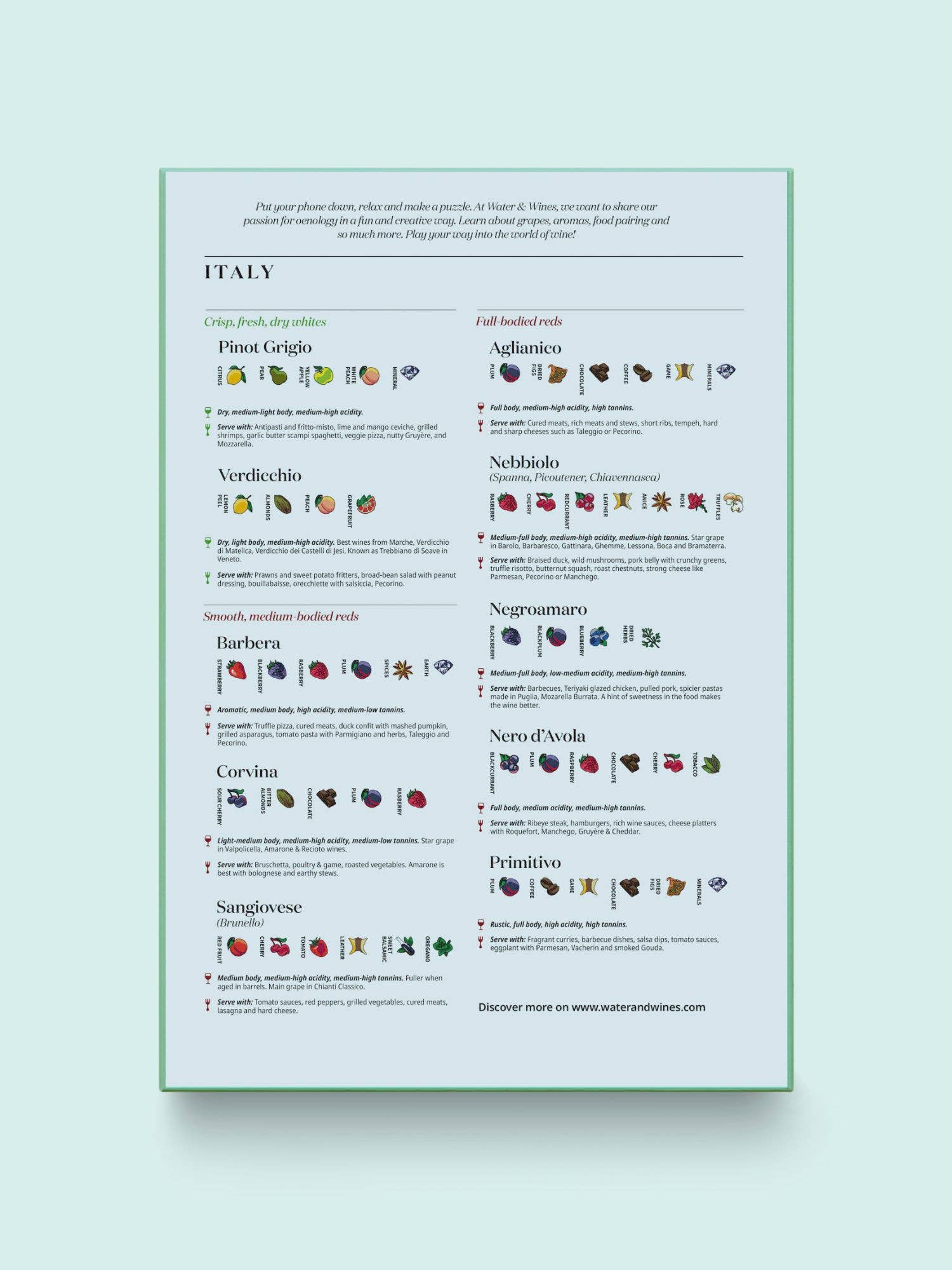 Entdecken Sie italienische Weinsorten mit dem Water & Wines - Wein Puzzle - Italien. Dieses visuell ansprechende Puzzle zeigt Länderflaggen, Symbole für Geschmacksnoten und kurze Beschreibungen nach Sorten - perfekt, um Rebsorten aus italienischen Weinregionen zu erkunden.