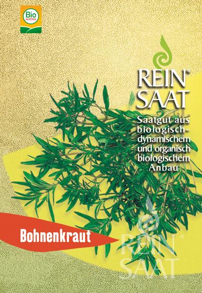 Eine Packung Bio-Samen Reinsaat | Bohnenkraut (von Reinsaat), ein würziges Kraut, das für seinen aromatischen Geschmack bekannt ist, mit grünen Blättern auf gelbem Hintergrund, deutschem Text und dem Logo von Bio Austria.