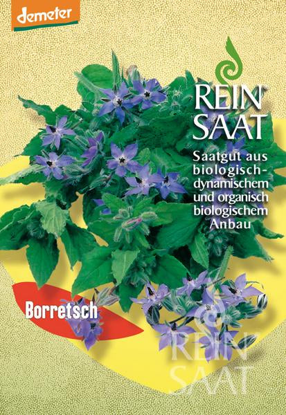Saatgutpackung mit grünblättrigem, blau blühendem Borago officinalis. Der deutsche Text wirbt für Bio-Demeter-Borretsch-Samen von Reinsaat, wobei "Borretsch" in Rot auf Gelb und der Markenname Reinsaat abgebildet sind.