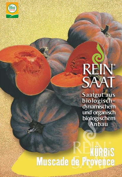 Päckchen mit Reinsaat Bio-Kürbissamen 'Muscade de Provence' (Cucurbita moschata) mit dekorativen Früchten und aromatischem Fruchtfleisch. Deutscher Text hebt die biodynamische Qualität hervor.