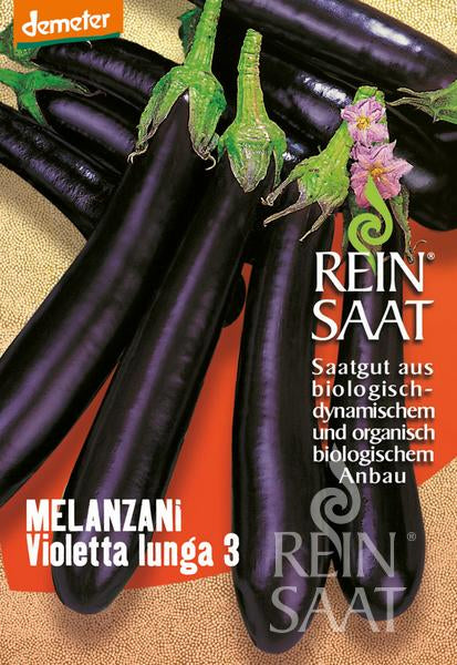 Fünf lange, dunkelviolette ReinSaat Melanzani 'Violetta lunga 3' mit grünen Stielen sind auf einer Reinsaat-Verpackung abgebildet. Diese biologischen, biodynamischen Samen sind perfekt für mediterrane Gerichte.