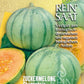 Die Saatgutpackung der ReinSaat Zuckermelone 'Charentais' zeigt runde, grün gestreifte Melonen mit orangefarbenem Fruchtfleisch. Der deutsche Text hebt den biologischen und biodynamischen Anbau hervor. Von der Marke Reinsaat - ideal für Cantaloupe-Melonen-Fans.
