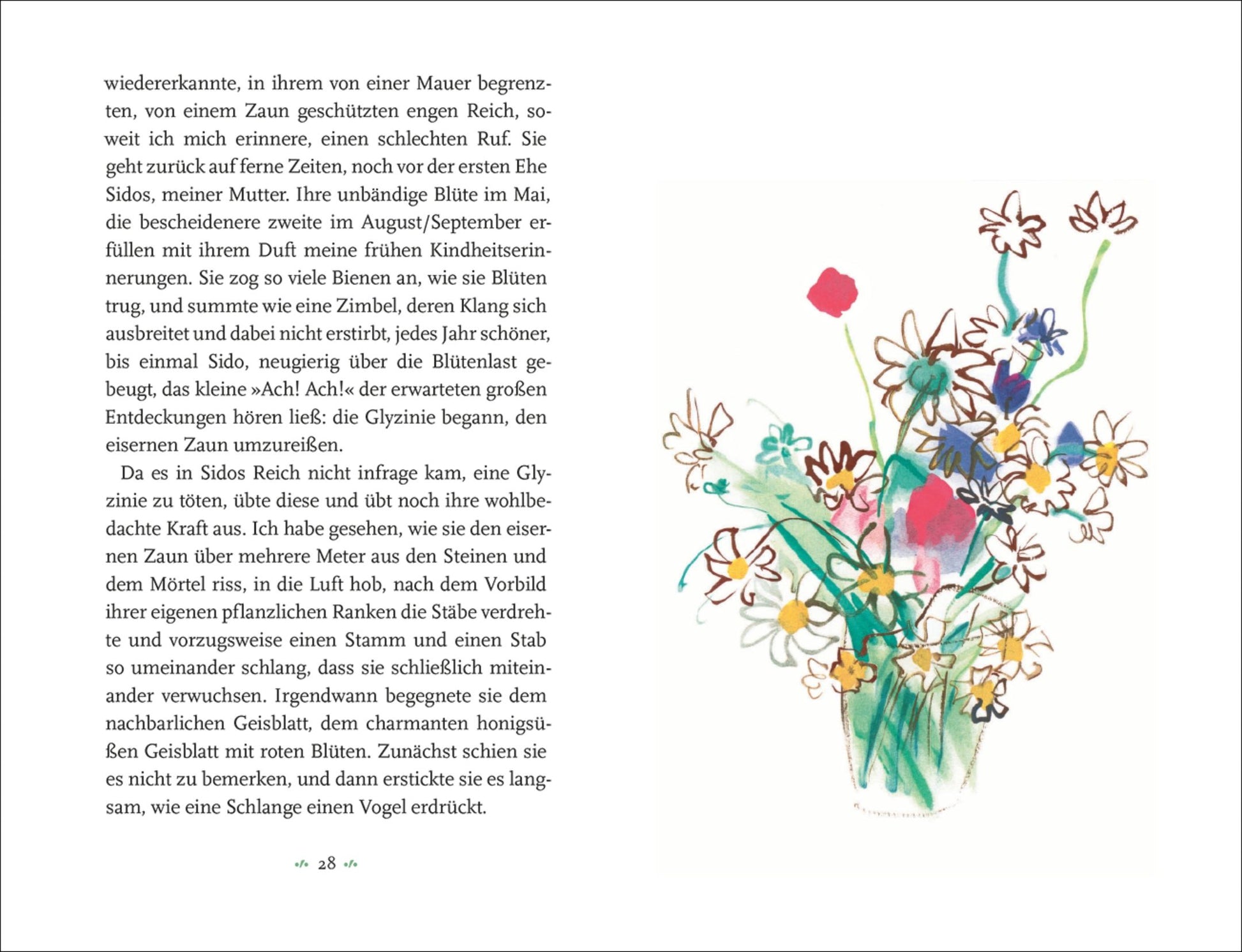 Eine Seite aus Colette - Mein Blumenalbum (Insel Verlag): Links der deutsche Text, rechts eine Illustration im Stil von Raoul Dufy mit leuchtenden Wildblumen - rot, blau, gelb, weiß - in einer Glasvase.