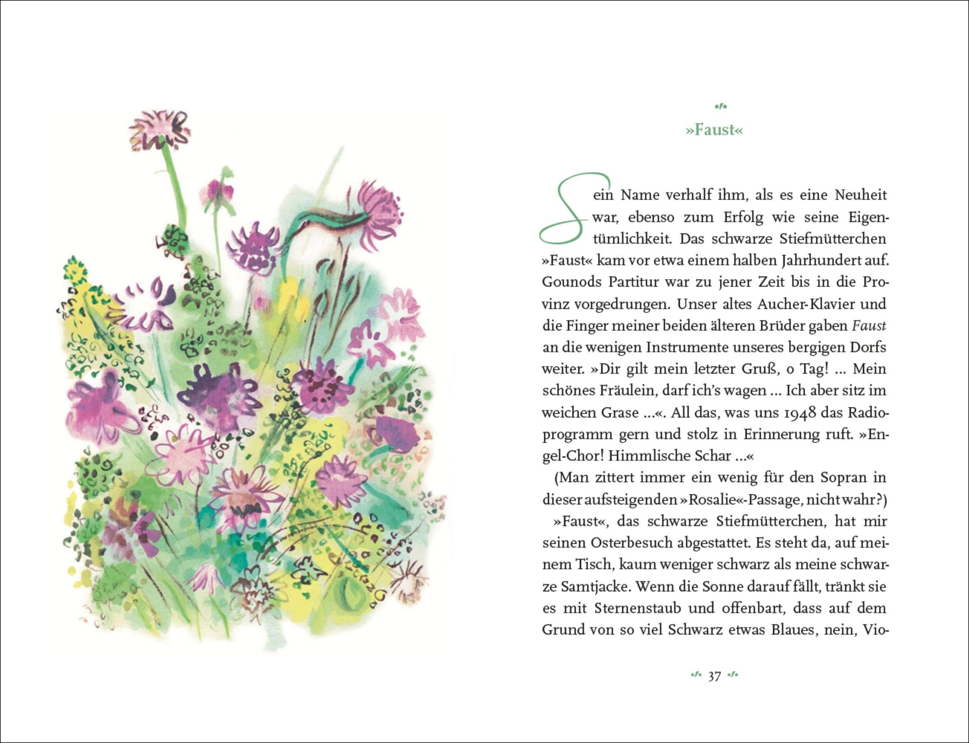 Bunte Wildblumen im Stil von Colette - Mein Blumenalbum (links) und deutscher Faust-Text mit grünem Anführungszeichen und oberem Rand (rechts). Vom Insel Verlag - eine ideale Wahl für jede bibliophile Ausgabe.