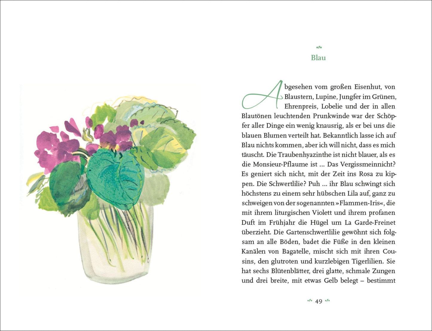 Auf der linken Seite erscheint ein Aquarell im Stil von Raoul Dufy, das eine Glasvase mit grünen Blättern und violetten Blüten zeigt. Auf der rechten Seite ist ein deutscher Text unter der Überschrift "Blau" mit grünen Akzenten zu sehen. Produkt: Colette - Mein Blumenalbum von Insel Verlag.