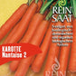 Abgebildet ist eine Packung Reinsaat Karotte 'Nantaise 2' mit frischen orangefarbenen Möhren mit grünen Spitzen auf orangefarbenem Hintergrund. Der Text hebt hervor, dass das Saatgut biologisch und biodynamisch ist.