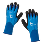 Ein Paar blaue Niwaki Winterhandschuhe mit schwarzen Handflächen und weißen japanischen Schriftzeichen sind auf weißem Hintergrund abgebildet. Diese warmen, wasserabweisenden & komfortablen Handschuhe von Niwaki sind ideal für Aufgaben bei kaltem Wetter.