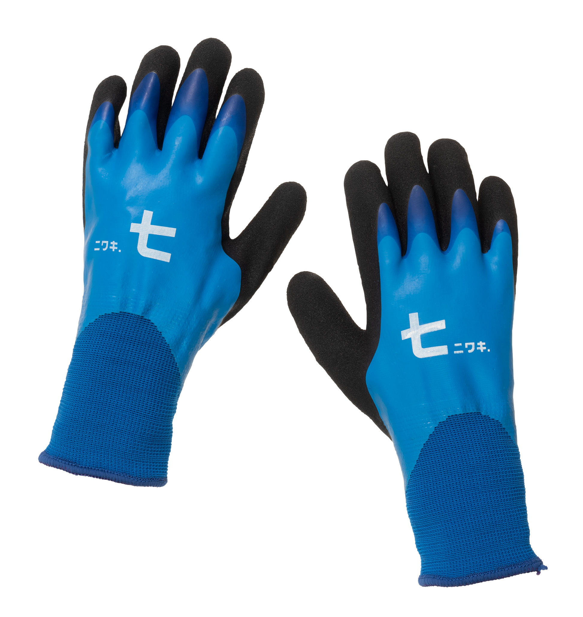Ein Paar blaue Niwaki Winterhandschuhe mit schwarzen Handflächen und weißen japanischen Schriftzeichen sind auf weißem Hintergrund abgebildet. Diese warmen, wasserabweisenden & komfortablen Handschuhe von Niwaki sind ideal für Aufgaben bei kaltem Wetter.