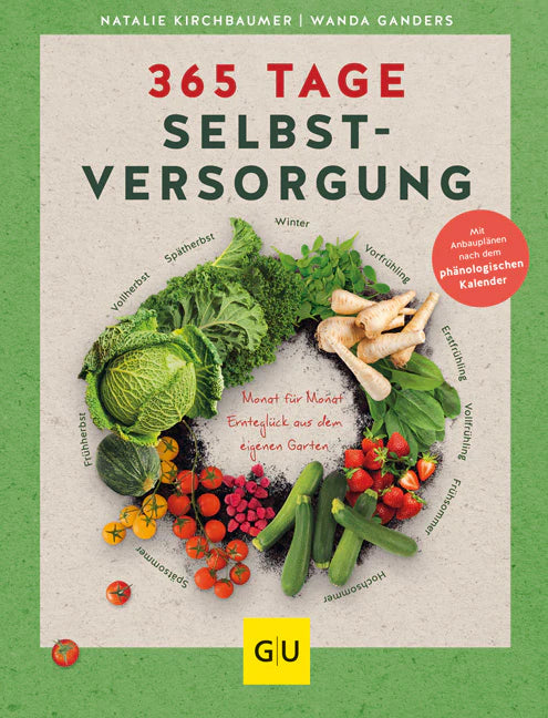 Das Buchcover von 365 Tage Selbstversorgung aus dem GU Verlag zeigt Gemüse, das in einem saisonalen Kreis angeordnet ist, und enthält einen phänologischen Kalender, der die Selbstversorgung und die monatlichen Anleitungen zum Anbau eigener Lebensmittel hervorhebt.