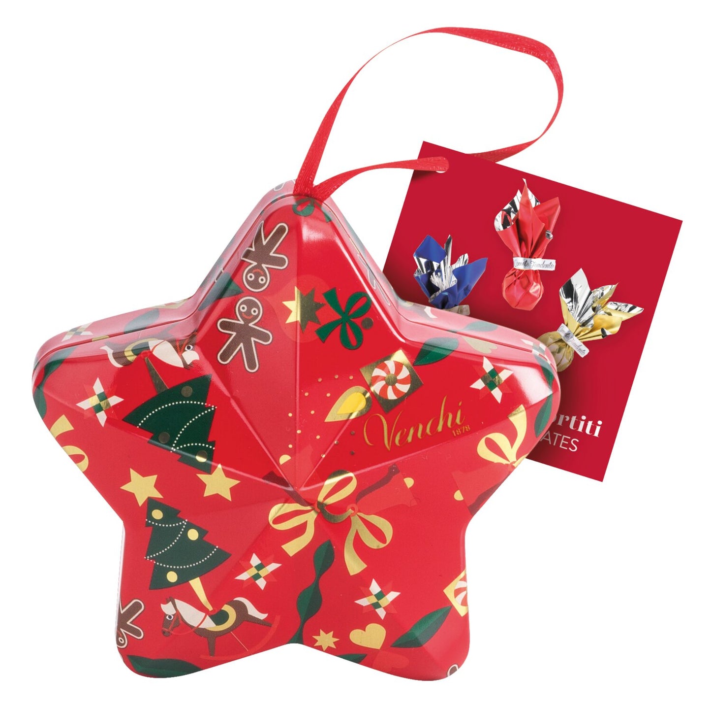 Die Venchi Stern-Geschenkdose aus Metall ist eine rot glänzende Sternbox mit festlichen Motiven, ideal als Baumschmuck dank Aufhängeband und Geschenkanhänger. Gefüllt mit köstlichen Schokoladenkugeln.