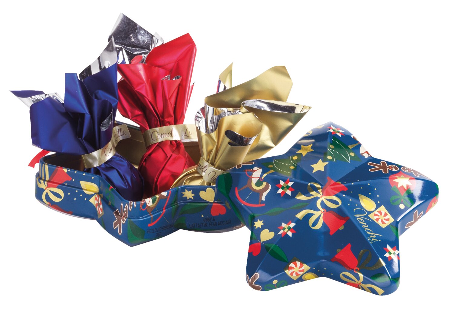Die Venchi Stern-Geschenkdose aus Metall ist eine sternförmige Dose mit festlichen Motiven, die drei in Folie verpackte Geschenke in Blau, Rot und Gold enthält - ideal zum Überreichen von Schokoladenkugeln oder als dekorativer Baumschmuck.