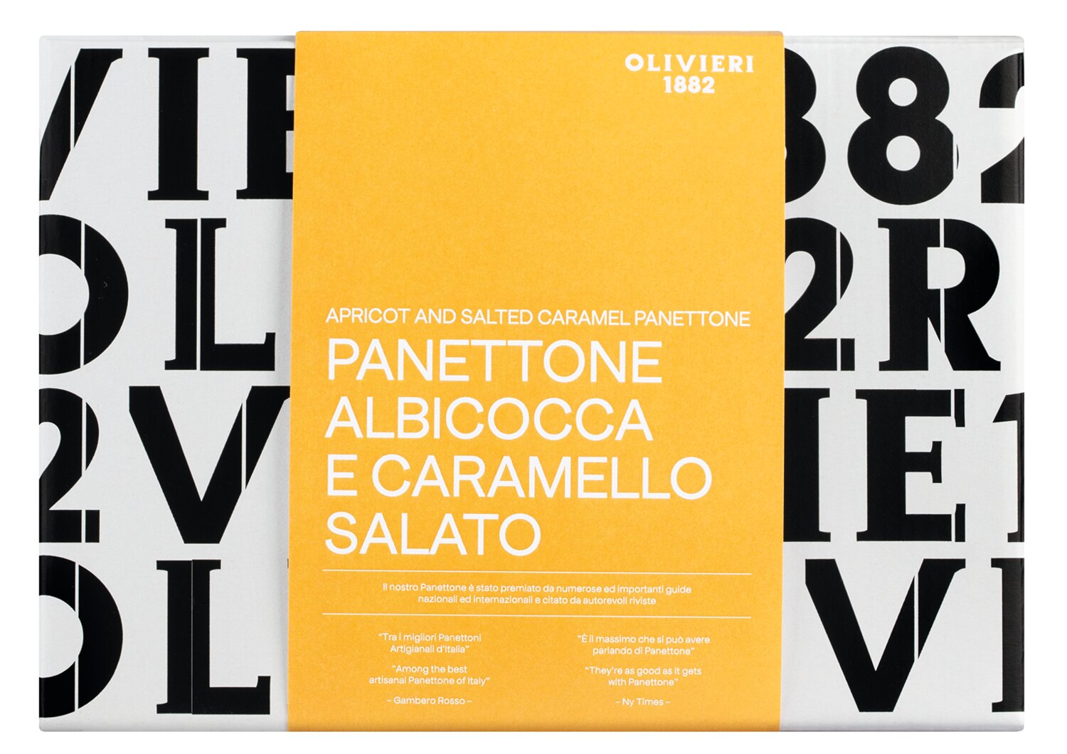 Eine Schachtel Olivieri Panettone Aprikose & Gesalzenes Karamell - himmlische Festtagsmagie aus Venetien, mit fetter schwarzer Schrift auf weißem Grund und einem gelben Etikett mit Angaben in Englisch und Italienisch.