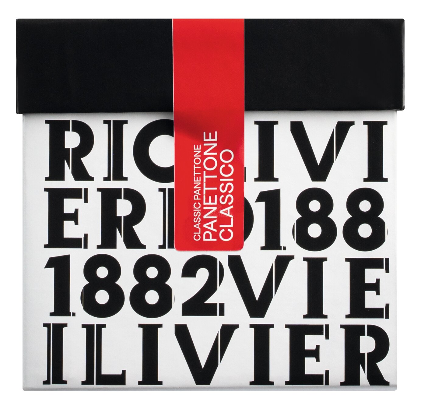 Eine quadratische Schachtel mit dem schwarzen Schriftzug "Olivieri 1882" auf weißem Grund, einem schwarzen Deckel und einem roten vertikalen Band mit der Aufschrift "CLASSIC PANETTONE" präsentiert Olivieris Mini Panettone Classico - goldene Genussmomente aus Venetien, inspiriert von italienischer Tradition.