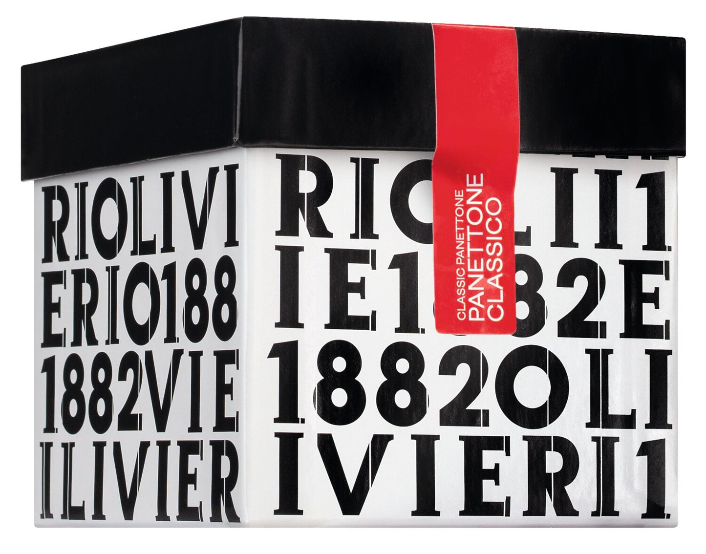Eine rechteckige Schachtel mit schwarzem Deckel und fetten schwarzen Buchstaben trägt ein rotes Etikett mit der Aufschrift Panettone Classico. Das moderne Olivieri-Design zelebriert Mini Panettone Classico - goldene Genussmomente aus Venetien.