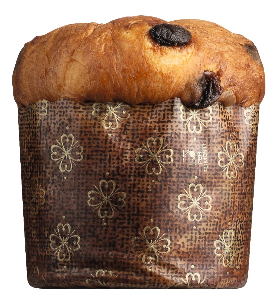 Ein Mini Panettone Classico von Olivieri in dekorativer brauner Papierhülle mit goldenen Mustern und fruchtigem, goldbraunem Topping - goldene Genussmomente aus Venetien und echte klassische Weihnachtsbäckerei.