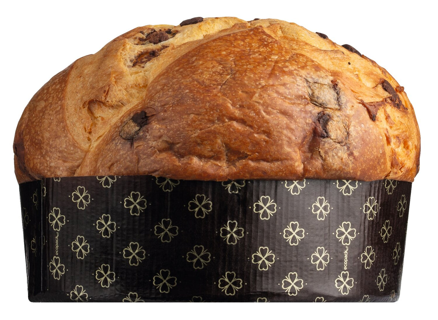 Eine Nahaufnahme von Olivieri Panettone mit dreierlei Schokolade-ein Fest für alle Sinne-zeigt das goldbraune Brot im dunklen Papierförmchen mit hellen Blumenmustern: ein luxuriöses Geschenk zu jedem Anlass.