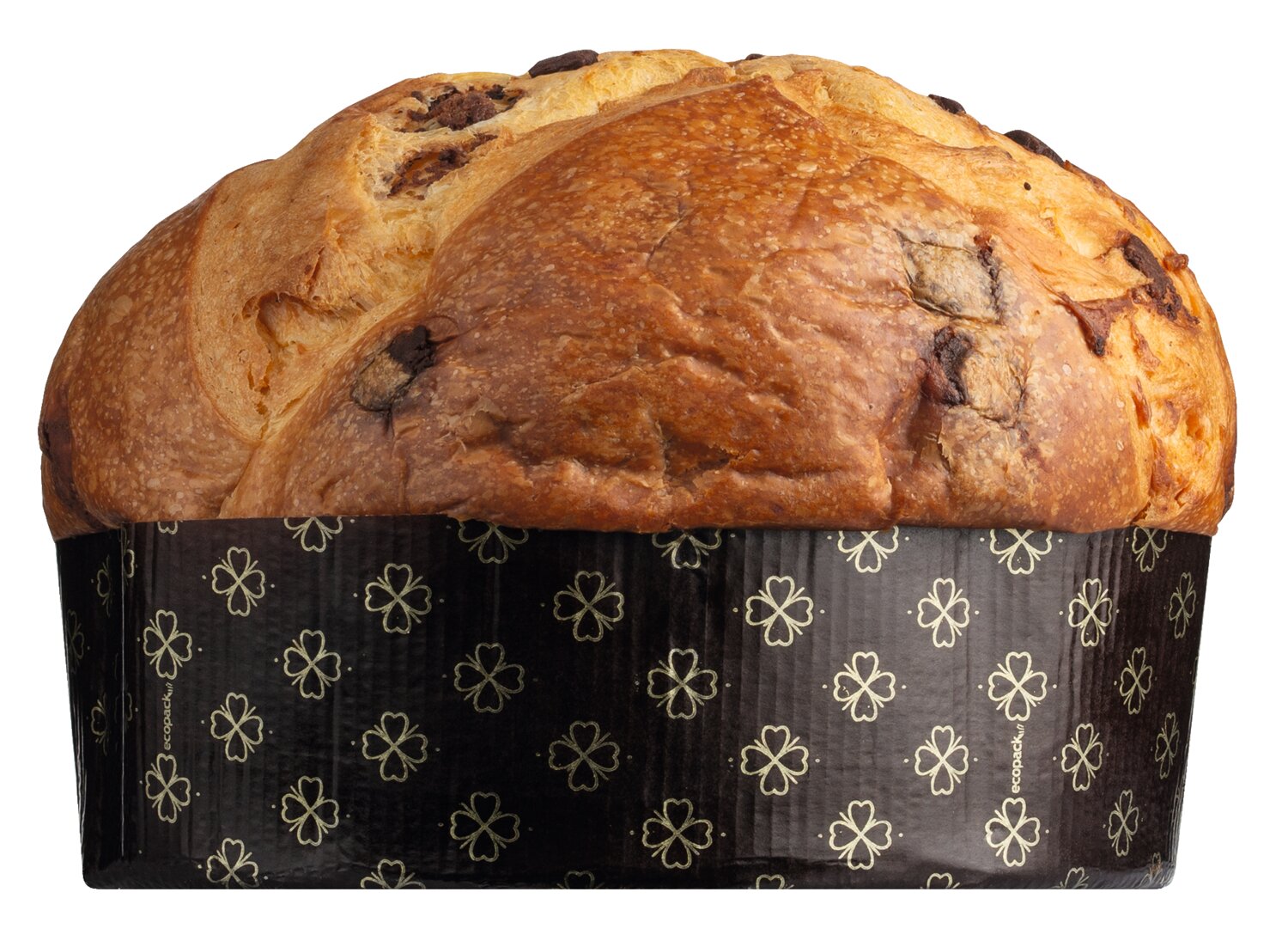 Eine Nahaufnahme von Olivieri Panettone mit dreierlei Schokolade-ein Fest für alle Sinne-zeigt das goldbraune Brot im dunklen Papierförmchen mit hellen Blumenmustern: ein luxuriöses Geschenk zu jedem Anlass.