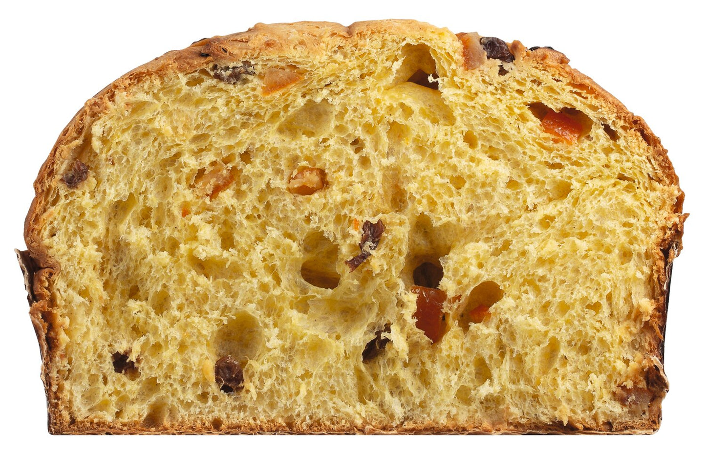 Eine Nahaufnahme eines geschnittenen Panettone Classico - der italienische Klassiker von Olivieri zeigt das luftige, gelbe Innere mit sichtbaren Trockenfrüchten und Rosinen - ein exquisites Beispiel traditionellen Panettone Hefekuchens.
