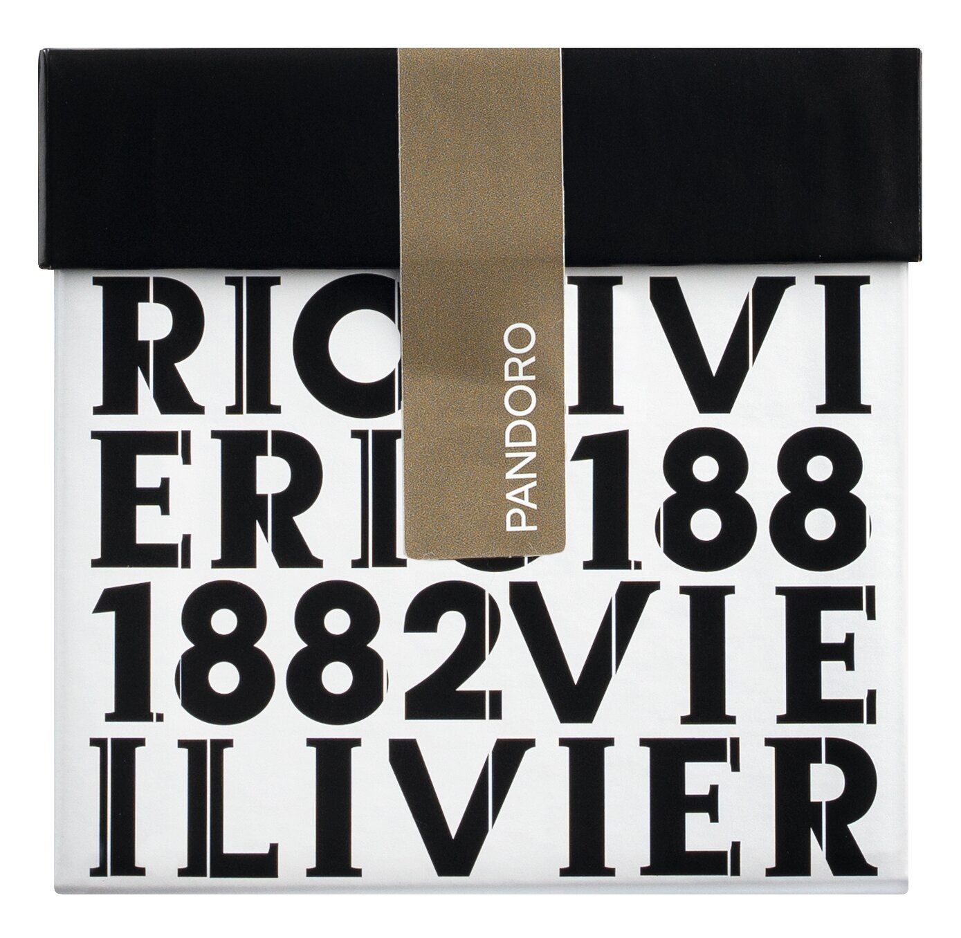 Eine quadratische Schachtel mit dem schwarzen RICIVIERI 1882 VIEILIVIERI auf weißem Grund, gekrönt von einem schwarzen Deckel und einem goldenen Band mit der Aufschrift PANDORO, hebt Mini Pandoro Classico - zartes Zitronenglück von Olivieri, einen traditionellen italienischen Kuchen, hervor.
