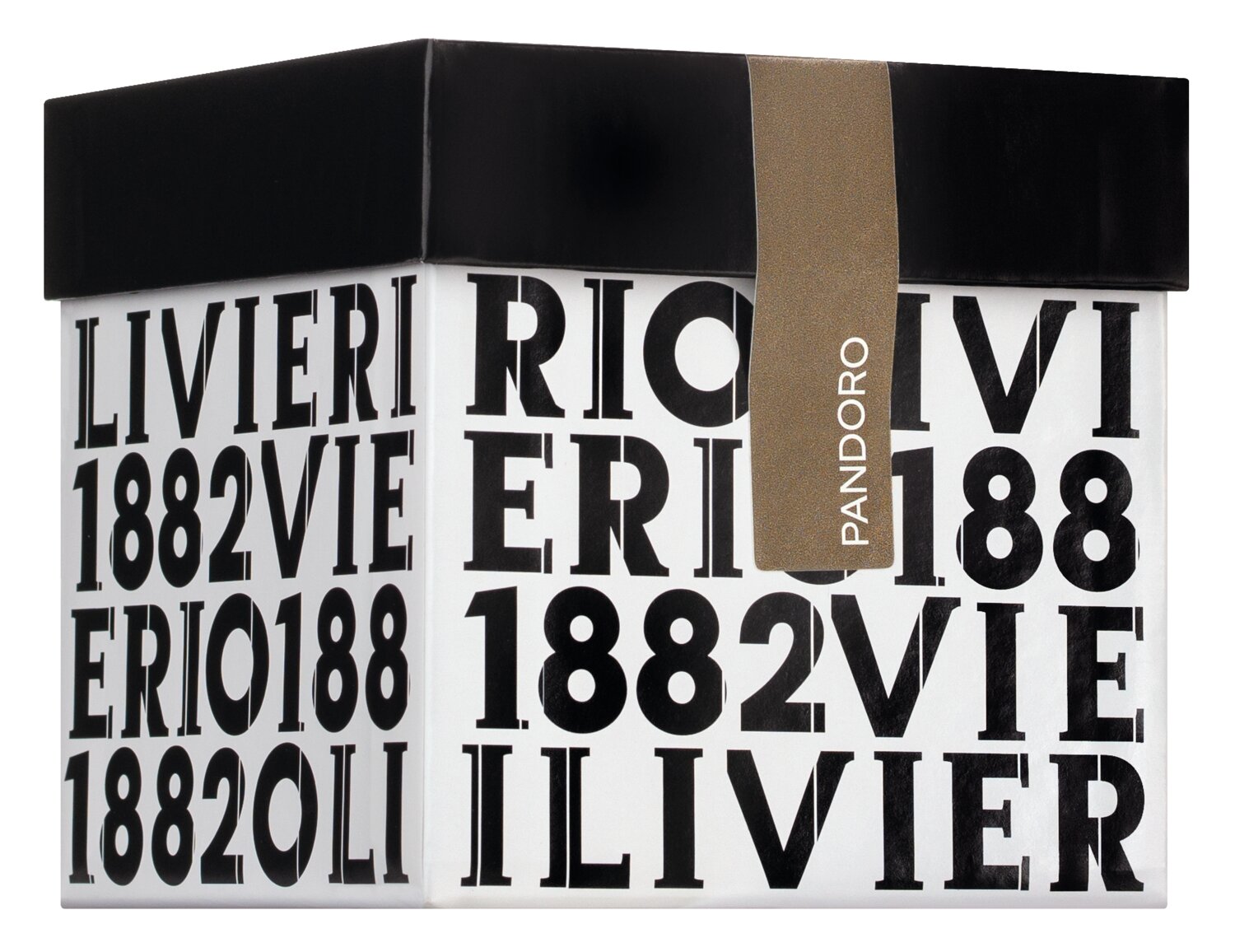 Eine weiße Schachtel mit schwarzem Olivieri 1882-Schriftzug in einem sich wiederholenden Muster, ein schwarzer Deckel und ein taupefarbenes Band mit der Aufschrift Mini Pandoro Classico - zartes Zitronenglück, das feines italienisches Gebäck präsentiert.