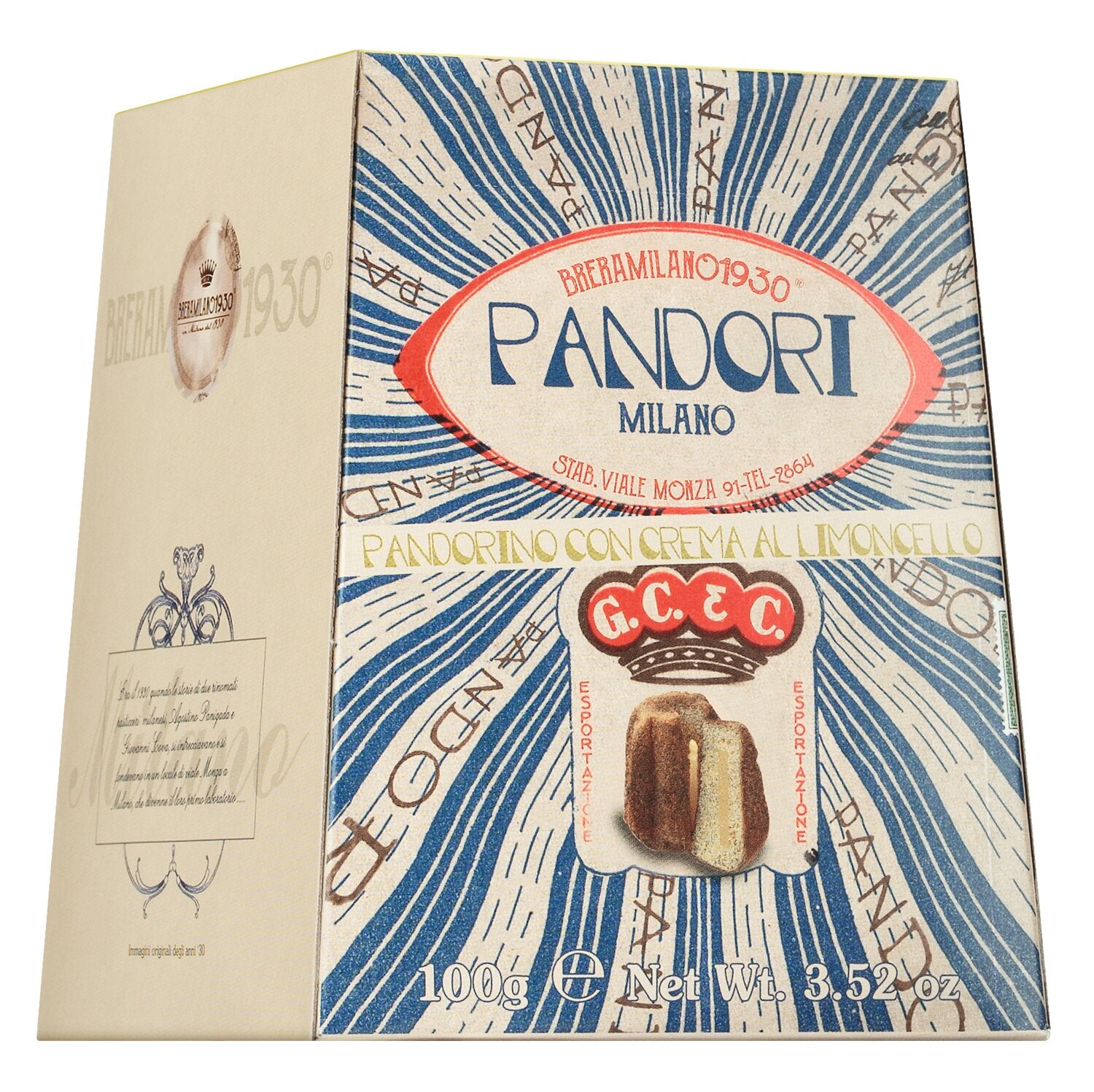 Eine 100-g-Schachtel Olivieri Mini Pandoro Limoncello - ein zitronig-cremiger Genuss, mit einem Kuchen mit Zitronengeschmack und blau-weißen Strahlen im Vintage-Stil, mit einem rot umrandeten italienischen Etikett, das den Kuchen zeigt.