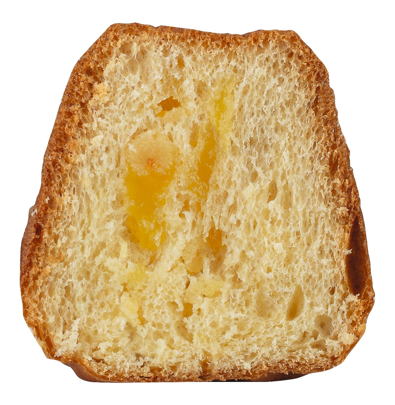 Eine Nahaufnahme eines aufgeschnittenen Olivieri Mini Pandoro Limoncello - ein zitronig-cremiger Genuss, zeigt seine goldbraune Kruste und sein weiches, luftiges Inneres mit einem Strudel aus Limoncellocreme-Füllung vor einem weißen Hintergrund.