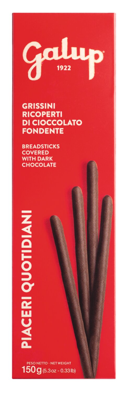 Eine rote Galup-Packung "Grissini mit Zartbitterschokolade - knusprig, edel, italienisch" zeigt vier mit Schokolade überzogene Brotstangen. Die 150g-Packung ist mit italienischem und englischem Text versehen.