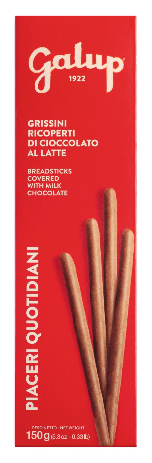Galup Grissini mit Milchschokolade - knusprig, edel, italienisch in einer roten Schachtel mit italienischem und englischem Text und einer Abbildung von drei schokoladenüberzogenen Brotstangen. Nettogewicht: 150g (5.3 oz).