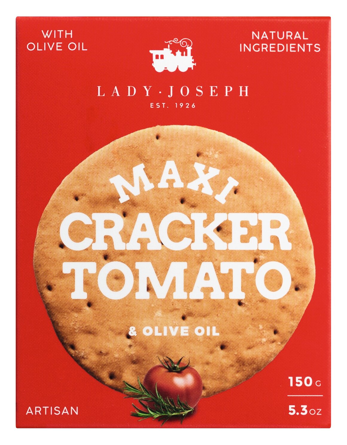 Eine rote Schachtel Lady Joseph | Maxi Cracker mit Tomate, Rosmarin & Olivenöl 150g zeigt ein großes Snack-Bild. Der Text hebt die natürlichen Zutaten, den handwerklich hergestellten spanischen Cracker, das Olivenöl und das Gewicht von 150g (5.3oz) hervor.