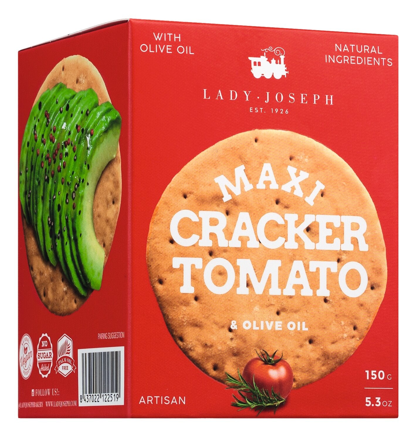 Lady Joseph | Maxi Cracker mit Tomate, Rosmarin & Olivenöl 150g ist ein mediterraner Snack aus natürlichen Zutaten und Olivenöl-perfekt für Avocado Toast oder als leckerer Genuss in einer auffälligen roten Box.