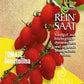 Auf einer Saatgutpackung von Reinsaat für Tomate 'Donatellina' sind auf gelb-grünem Hintergrund kleine rote Datteltomatenbüschel zu sehen, die als biologisch und biodynamisch mit Tomatenmosaikvirus-Resistenz gekennzeichnet sind.