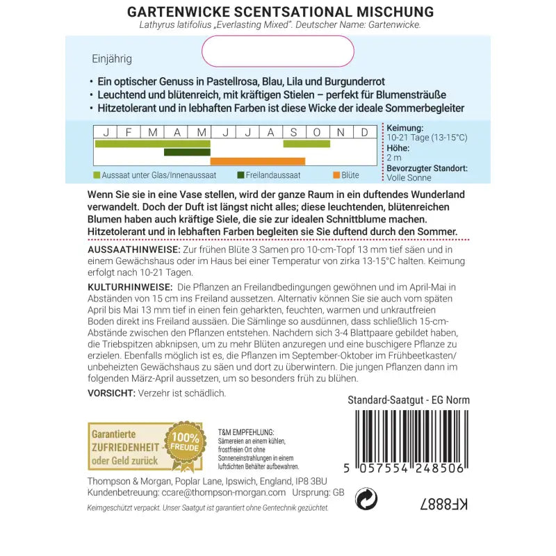 Thompson und Morgan's Gartenwicke 'Scentsational Mischung' Saatgutpaket enthält Pflanzanleitung, Keimtabelle, Pflegetipps und Barcode. Das pastellfarbene Design mit deutschem Text betont die hitzebeständigen Blüten dieser Duftwicken.