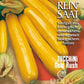 Eine Packung Reinsaat Zucchini 'Gold Rush' Samen zeigt mehrere goldene, buschige Zucchinis mit Blüten und enthält deutsche Informationen zum biologischen und biodynamischen Anbau.