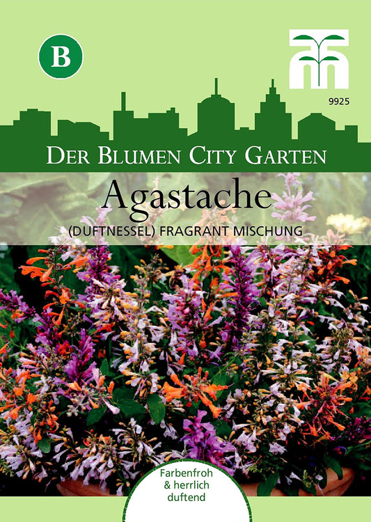 Ein farbenfrohes Samenpaket der Agastache (Duftnesse) Fragrant Mischung von Thompson und Morgan zeichnet sich durch farbenfrohe Blütenstände und einen wunderbaren Duft aus, mit Gartensymbolen und einer Stadtsilhouette auf dem Etikett.